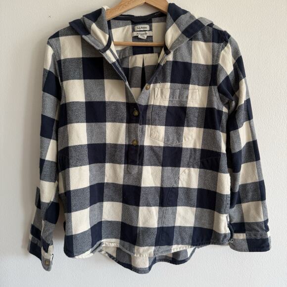 L.L.Bean Women’s Soft-Brushed Midweight Flannel Hoodie Navy Henley Cozy Fall XSP - Picture 2 of 12